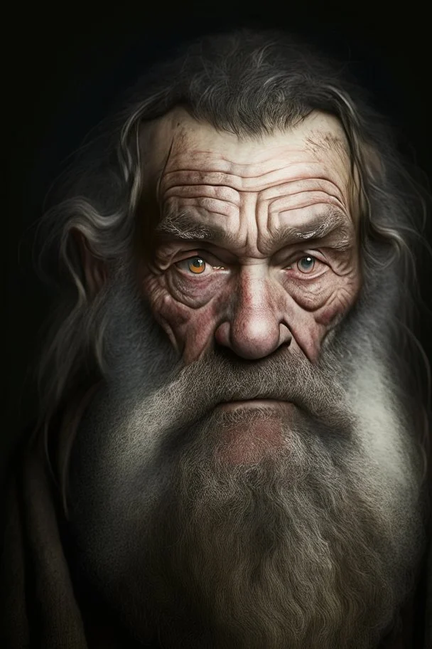 portrait of an elderly dwarf, severe look, very dark eyes, pronounced cheekbones, square jaw, long curly beard,