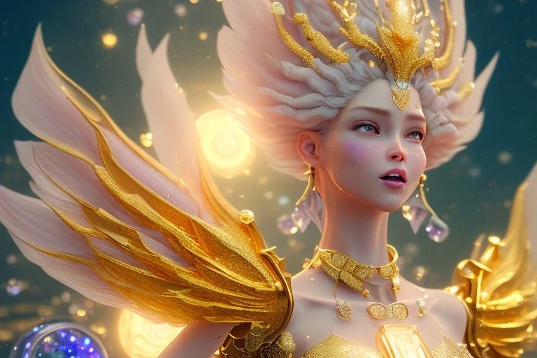 very beautiful crystal and gold goddess in a galactic ambiance, nice smiling, transparent petals, delicate colors, full of details, smooth, bright sunshine，soft light atmosphere, light effect，vaporwave colorful, concept art, smooth, extremely sharp detail, finely tuned detail, ultra high definition, 8 k, unreal engine 5, ultra sharp focus