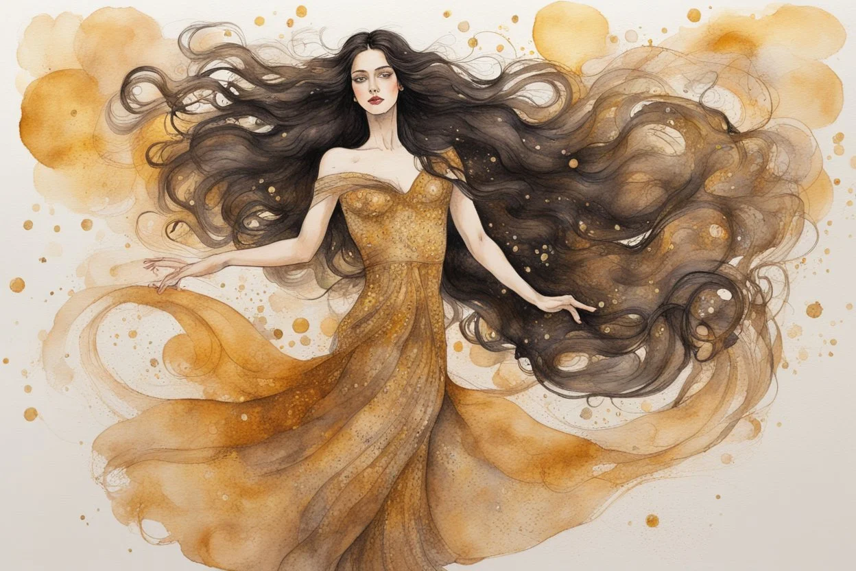 Dynamically dancing long haired brunette woman, in Klimt style, in ochre, watercolor and ink, golden glitters