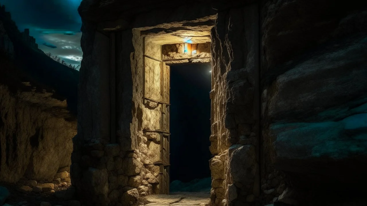 huge illuminated doorway in a rock wall in the side of the mountain