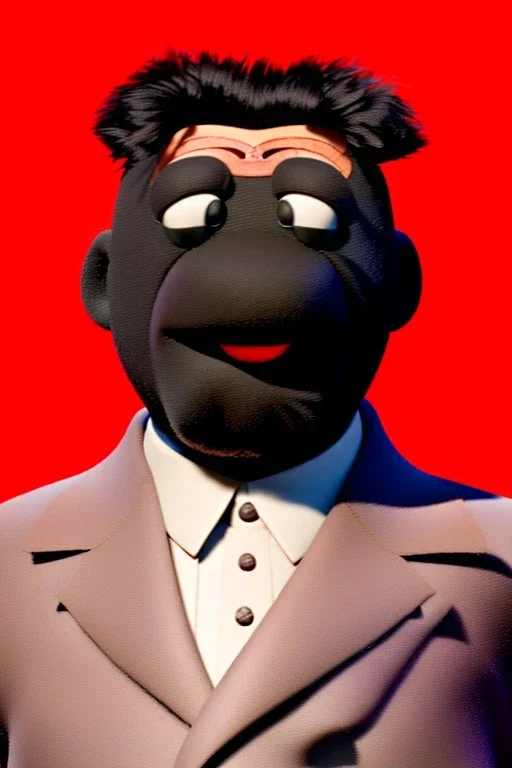 Waist up muppet Portrait, Kim Jong-un muppet doll, black suit, photo studio, red background, unreal engine 5, concept art, art station, god lights, ray tracing, RTX, lumen lighting, ultra detail, volumetric lighting, 3d.