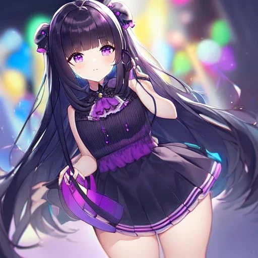 Clear focus,High resolution, Black long fluffy hair, and purple eyes, wearing a vocaloid outfit, must wear a short skirt, Loli