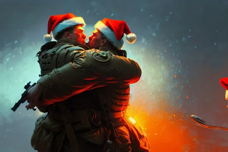 "close up on A ucrain soldier and Russian soldier hug each other,gift, Christmas gift, Christmas decorations,Christmas tree" 8k resolution concept art by Greg Rutkowski dynamic lighting hyperdetailed intricately detailed Splash art trending on Artstation triadic colors Unreal Engine 5 volumetric lighting Alphonse Mucha WLOP Jordan Grimmer orange and teal"