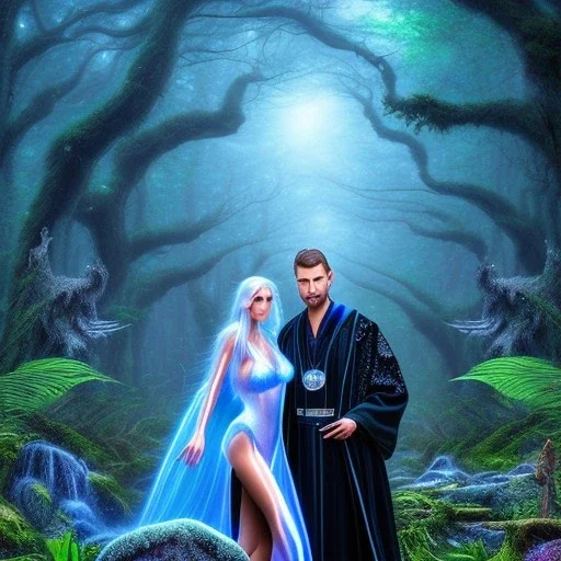 crazy detail, magical forest background, waterfall, blue but cloudy skies, close up of man in black shiny robes and grand sleazy lady wearing soft robes and gloves, lively eyes, framed by foliage, runes on dices, warm light, holding up scroll