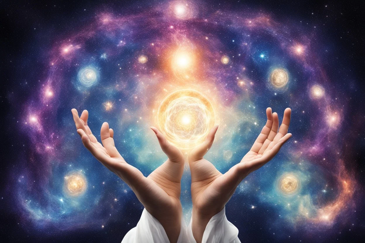 kundalini, connected to the universe, few colours of galaxy, holding galaxies in few hands