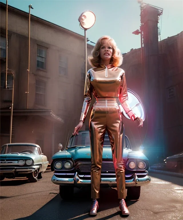 Ultra Realistic retro sci-fi movie Supermarket parking scene, 1960 year, waist up view portrait, a super giant blonde woman, sweet teenager Jane Fonda face, perfect iris, glow eyes, face makeup, tight latex coat, many people, Retro sci-fi style, soft color, highly detailed, unreal engine 5, ray tracing, RTX, lumen lighting, ultra detail, volumetric lighting, 3d, finely drawn, high definition, high resolution.