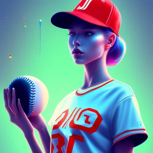 a girl wearing a baseball cap holding a small boombox in her hand, full shot. paint splashes, outrun, vaporware, shaded flat illustration, digital art, trending on artstation, highly detailed, fine detail, intricate