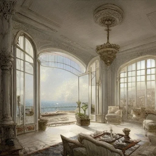 Living room with a big full wall window view on mediterranean city on sea , white Beaux Arts architecture,interior design,point of perspective,by Jean Baptiste Monge, Epic cinematic, brilliant stunning, intricate, meticulously, detailed, dramatic atmospheric, maximalist digital matte painting