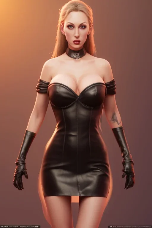 Brandi Love in black leather gown, evil, busty, cleavage, curvy, angry, happy, stern look. character design by cory loftis, fenghua zhong, ryohei hase, ismail inceoglu and ruan jia. unreal engine 5, artistic lighting, highly detailed, photorealistic, fantasy