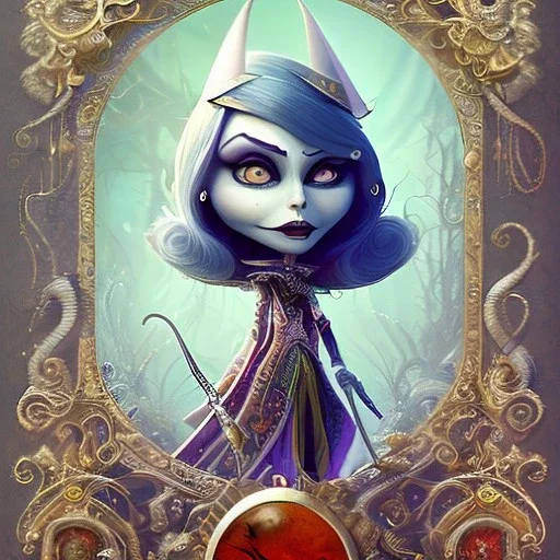 extrem tim burton style and disney style of an old and extrem malicious stepmother, sharp focus, sneaky eyes