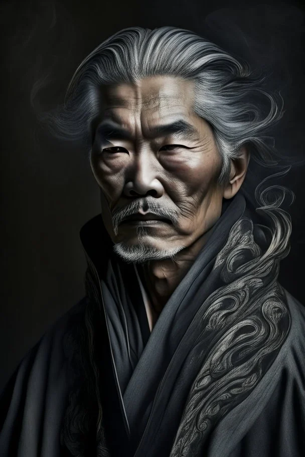 a photo of an Asian man with ethnic jewelry, grey hair and grey flowing robe, in style of Annie Leibovitz, contemporary portrait of a mature yet beautiful and modernist man, black and grey, detailed masculine face, swirling fluid smokey enigma, award-winning artwork