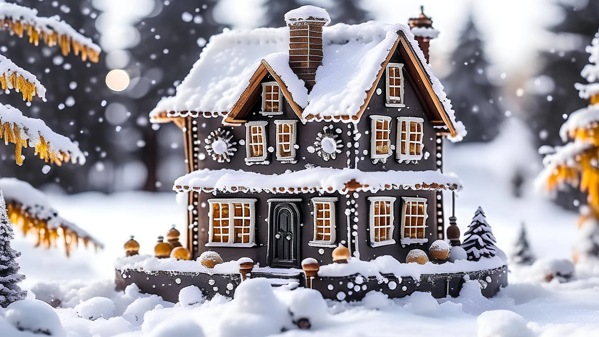 house gingerbread exterior in snowy landscape