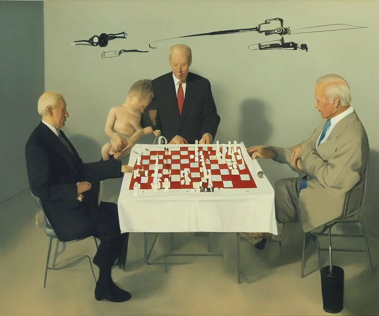 Complex Surgical Instruments through Putin, President Xi Of China And Joe Biden Play Chess with a Newborn Boy,Minimalism,Painting By Lucian Adrian Ghenie,Freud,Rene Magritte,Salvador Dali,Pablo Picasso,Michelangelo