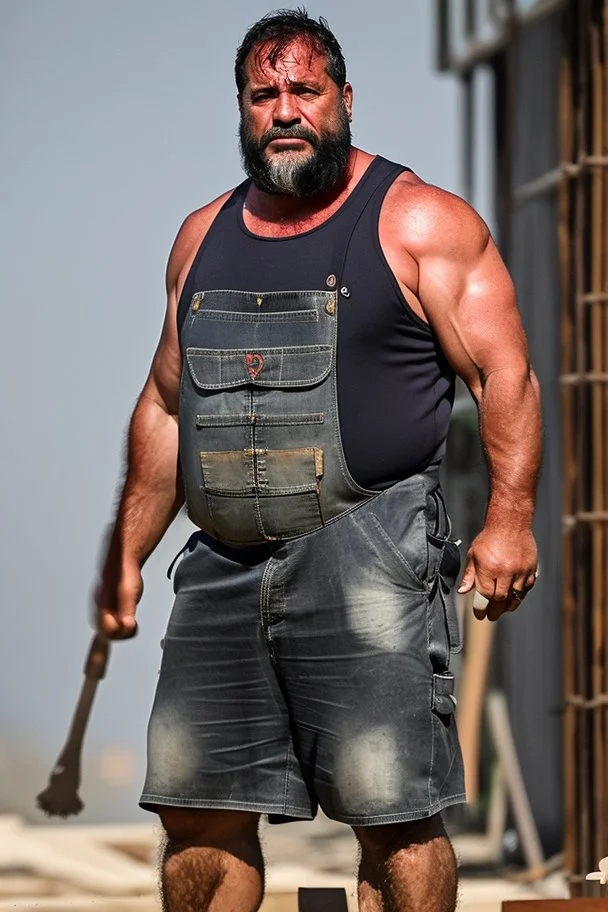 full figure shot photography of a wet sweat chubby and very virile 51-year-old burly turkish construction worker, long beard, in tank top, bulge, works hard very sweaty on a construction site in the sun repairing a floor, underlines the shine of the sweat in the sun's rays and the fatigue of the muscles, manly chest, , big legs, big belly , side view, photorealistic , side light