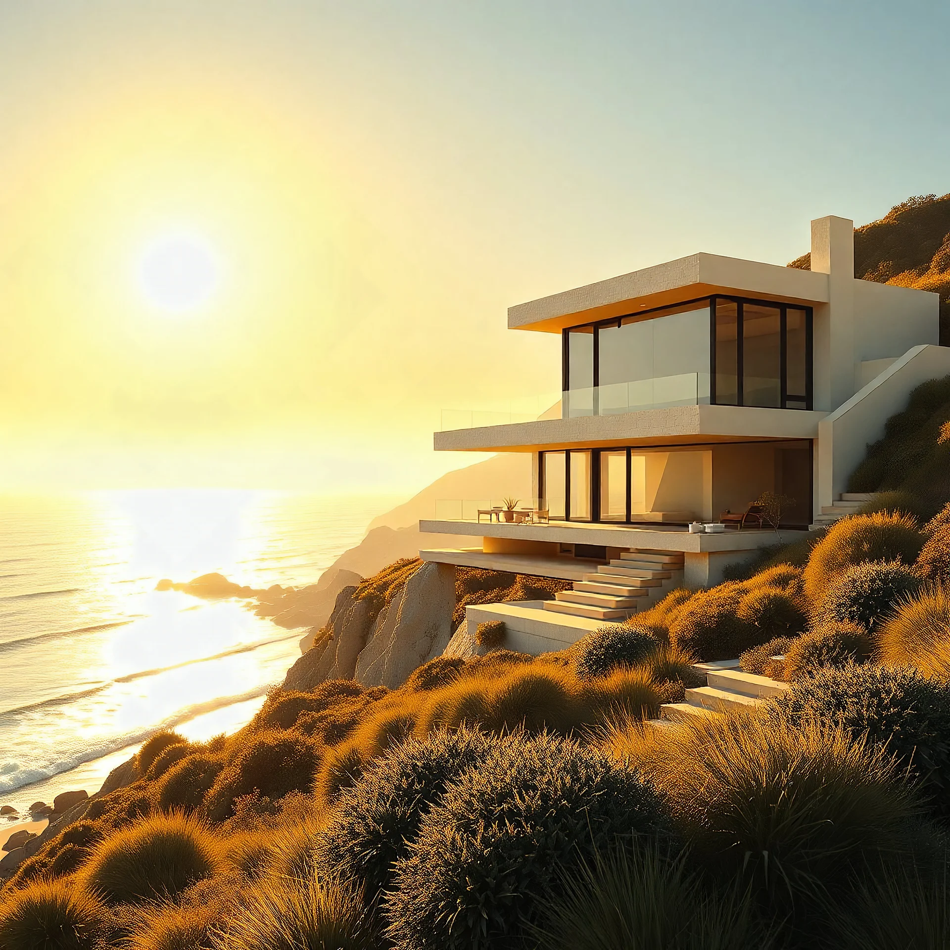 A modern villa on the hill of California coast of yellow sun, cubism style,