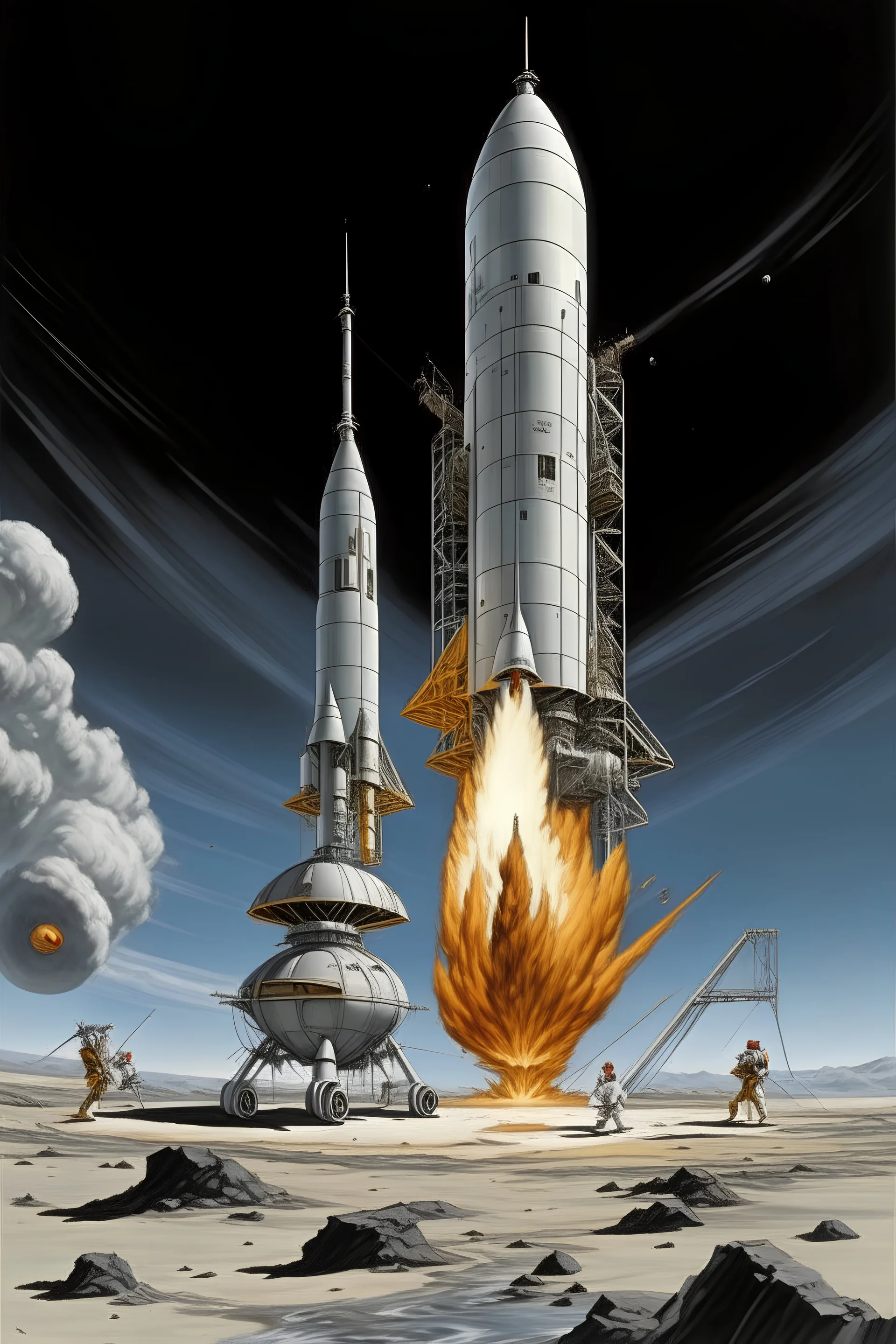 Flame blasts out from below a Titan III C multistage rocket with twin solid rocket boosters on either side of the main body and a Dyna Soar rocket plane reentry craft mounted on its top stands on a launch gantry surrounded by tiny astronauts in silver spacesuits on the dusty surface of the moon Luna with the Earth rising over the horizon with the north american continent vsisible