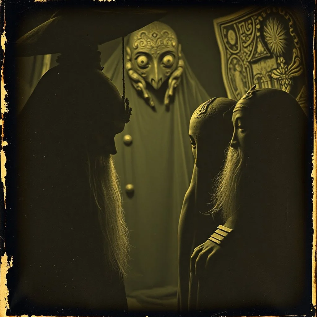Daguerrotype close up some mysterious figures, odd background, Hieronymus Bosch Max Ernst ambient light, by Minicavio Quollati and Marlost Endgulp, Amano, Botticelli, Alphonse Mucha