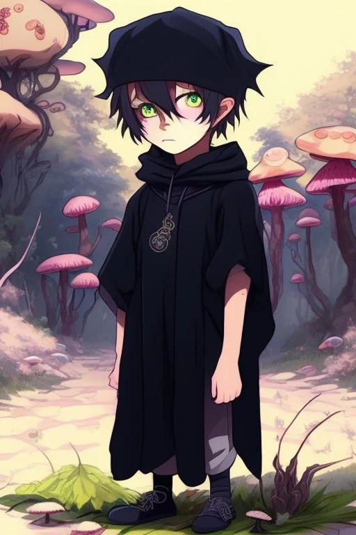7 year old boy, friendly, looks dead, with weird mushrooms growing out of him, wearing black robes, in the style of anime