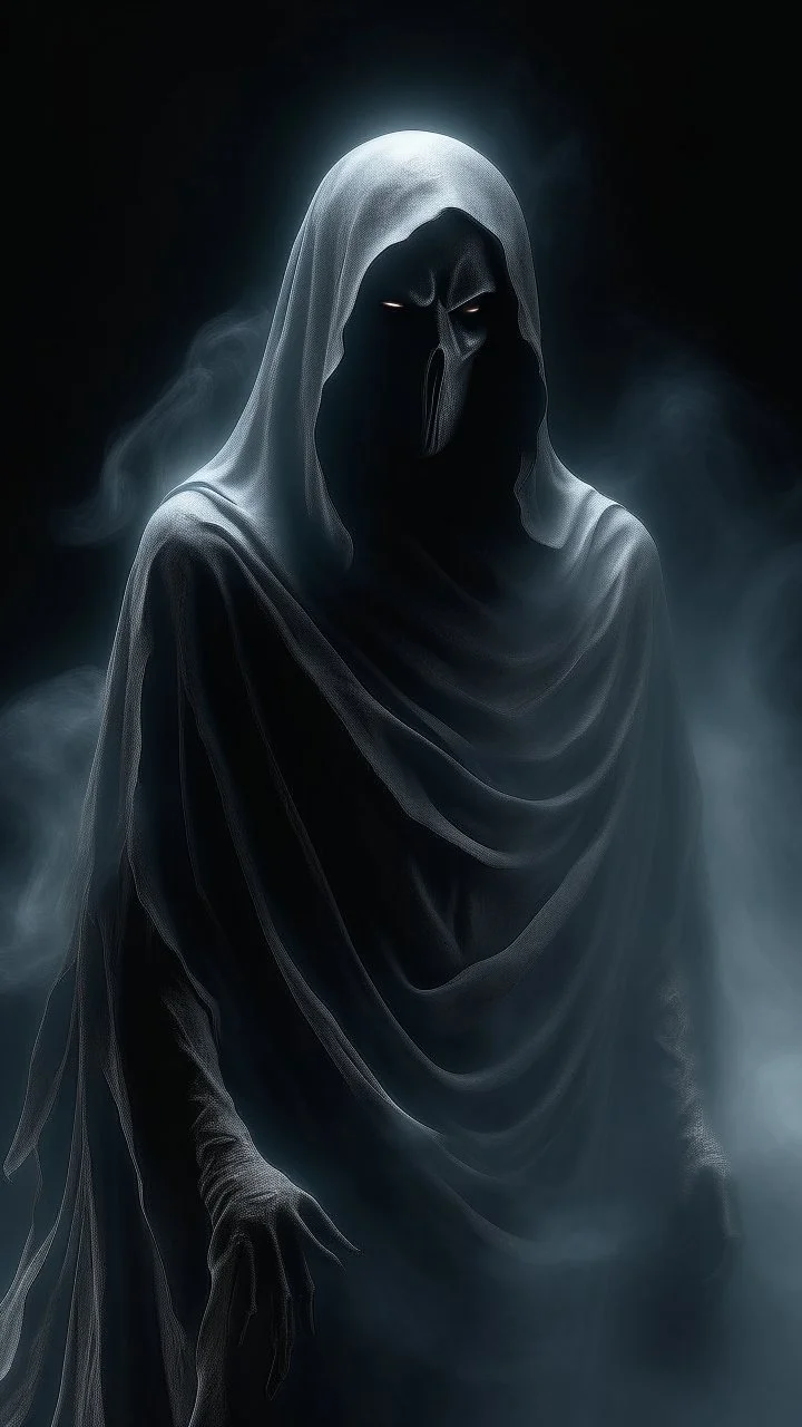 In a mesmerizing and ethereal manner, an otherworldly being emerges in the form of a translucent grey hood ghost. flowing smoky black robes. Forward facing