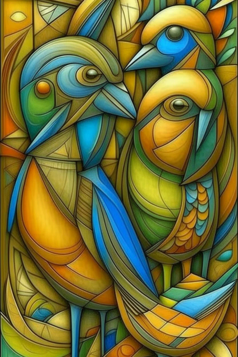 Thoughts are little birds; dynamic cubism; colored pencil magnificent mysterious