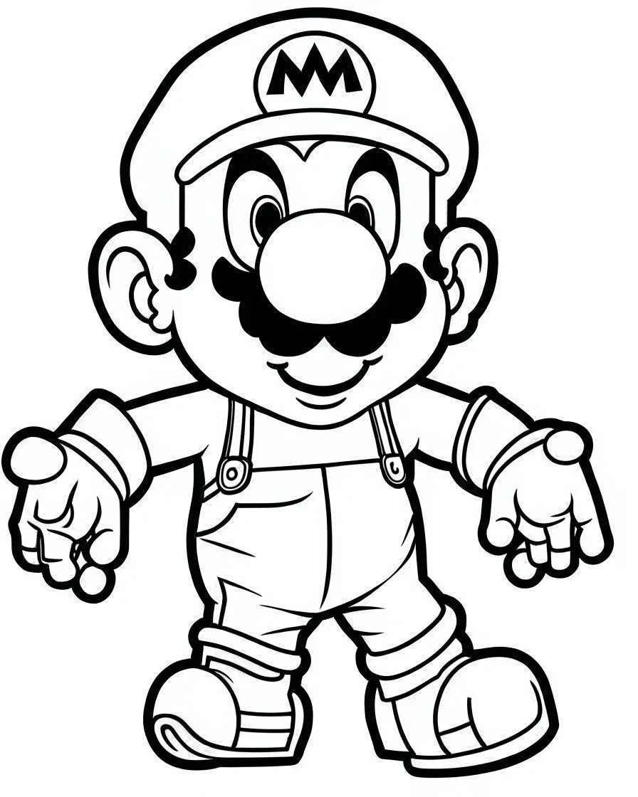 outline art for Mario coloring page, Japanese manga style, cartoon style, cute face, white background sketch style, full body is a must, only use outline, clean line art, no shadow, bold outline