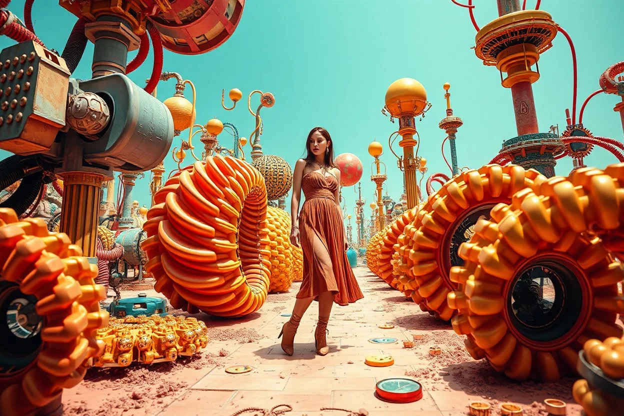 beautiful full body with long boots and midi dress lady in surreal world made of fractal random size modern mechanical basic objects with helical strip colors,geers, in clothing similar to environment full body posing to camera