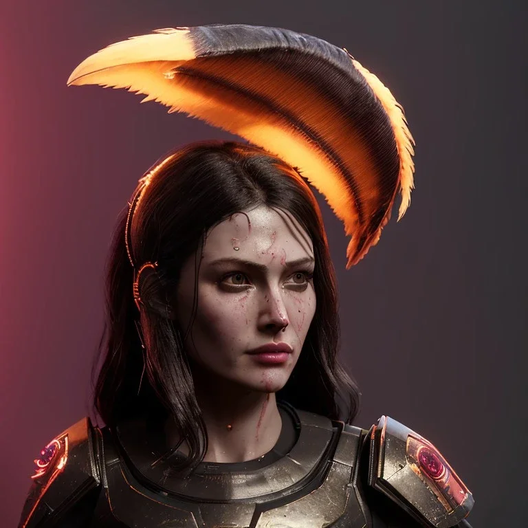 Front, pretty woman, futuristic, rounded face, blood, black, gold, brown, samurai dress, decorative color feathers, simetric, circuits, neon style, a lot of led lights, fog, rain, leather, vibrant color, highly detailed, art stations, concept art, smooth, unreal engine 5, god rays, ray tracing, RTX, lumen lighting, ultra detail, volumetric lighting, 3d, finely drawn, high definition, high resolution.