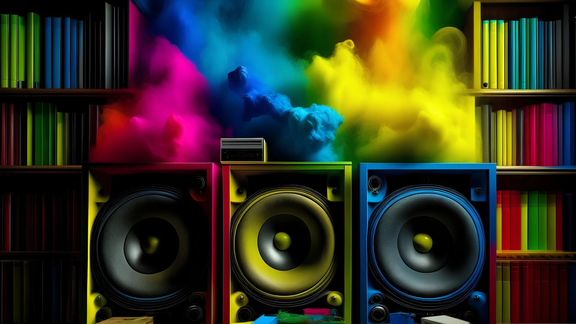generate an image that Discover over sets of vibrant, multi-colors smokes spread over bookshelf speakers