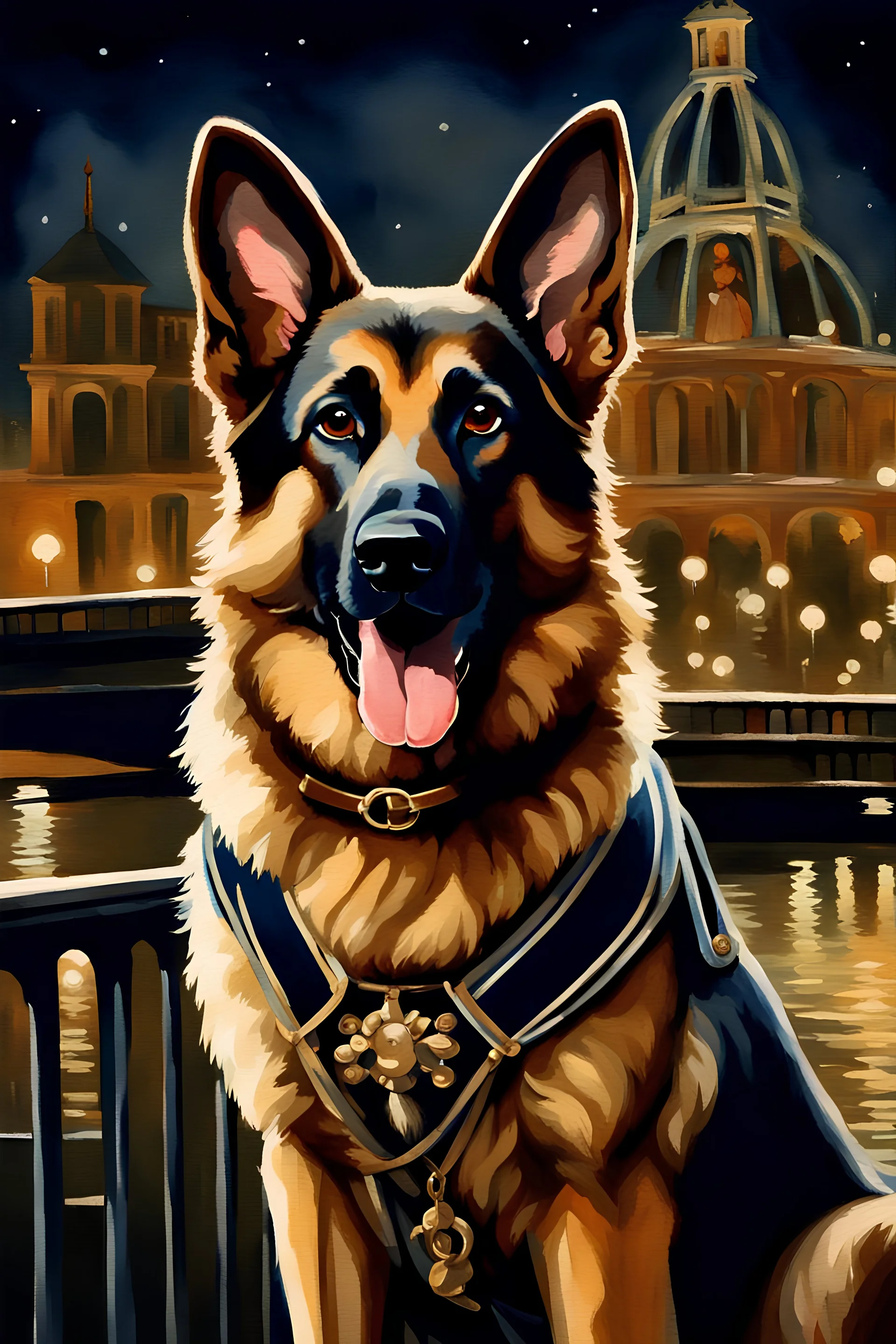 Masterpiece painting of a german shepard adorned in colonial garb, moonlit Parisian bridge background, watercolor painting STYLE, ultra detailed character, joyful lighting.