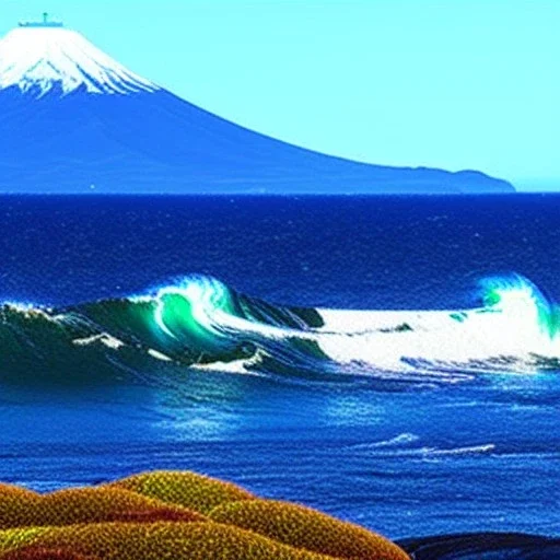 The Great Wave off Kangawa,beach, lighthouse,rocks, fullmoon, mount fuji, by Van Gogh 8k