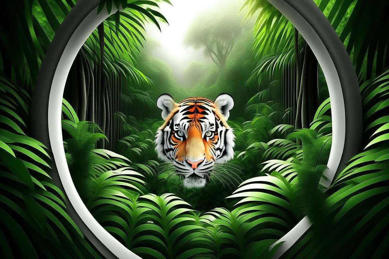 white,background,looking,through,a 3-d, hole,or,window,,and seeing tiger in tropical jungle