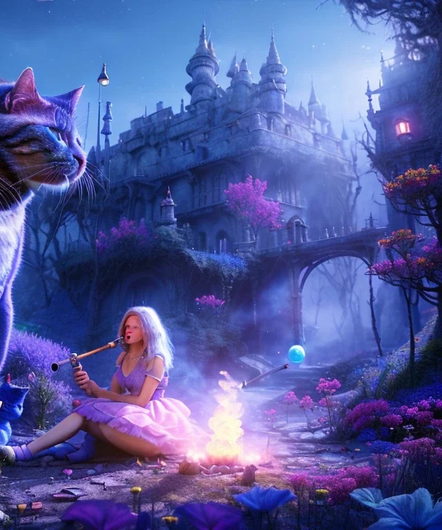 Ultra realistic wonderland photo, happy blonde woman smoking a shisha, blue dress, purple cat friend, circus dress style, old school tattoo, smoke, marijuana garden, glow eyes, perfect iris, soft color, highly detailed, unreal engine 5, cinematic, ultra detail, volumetric lighting, high definition.