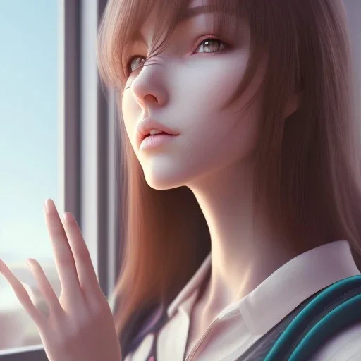 Anime, female student studying by the window,perfect face, cool face, ultra detail, unreal engine 5, cinema4d, sun light, studio lighting --ar 1:1 --v 4