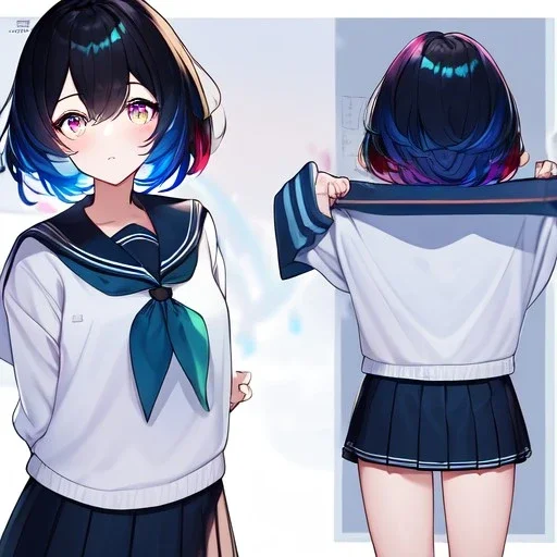 Clear focus,High resolution, Black and Rainbow short fluffy hair, and rainbow eyes, wearing a sailor uniform, must wear a short skirt with a horizontal line, you can only see her from the back, putting on sweater midway