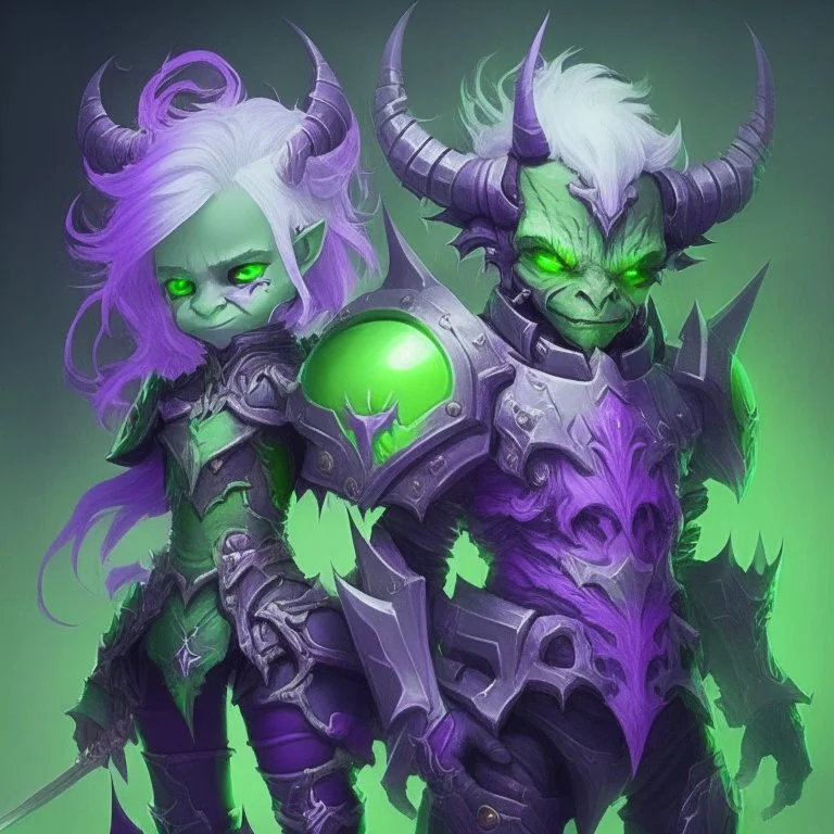Demonio lindo de armadura morada y verde con cabello blancos posando junto con un demonio de armadura negra y verde