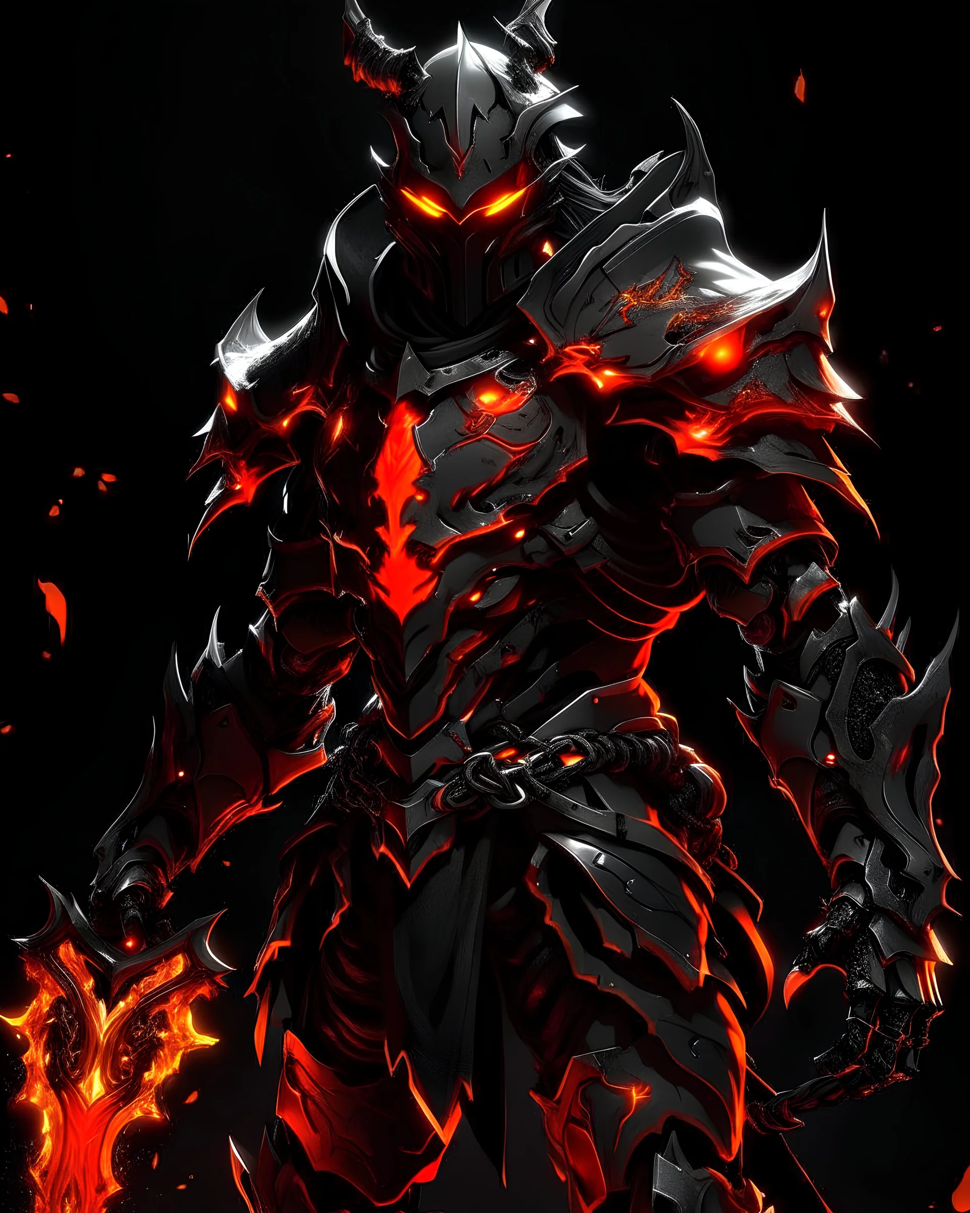 black and orange armor with glowing magma eyes, and a ghostly black flowing cape, silver trim flows throughout the armor, the helmet is fully covering the face, black and orange spikes erupt from the shoulder pads, black and magma angel like wings are erupting from the back, lava hair coming out the helmet, spikes erupting from the shoulder pads and gauntlets