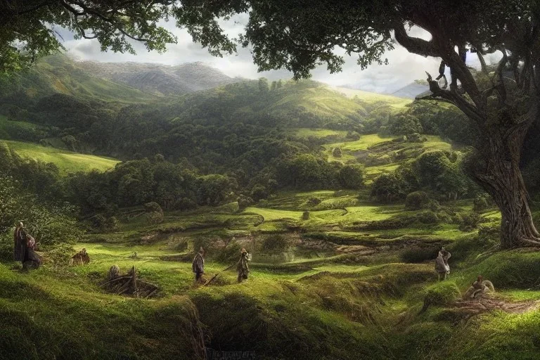 the shire, scenery landscape, lord of the rings, higly-detailed symmetric faces, highly detailed, perfect lighting, perfect composition, 4 k, artgerm, hudson river scool