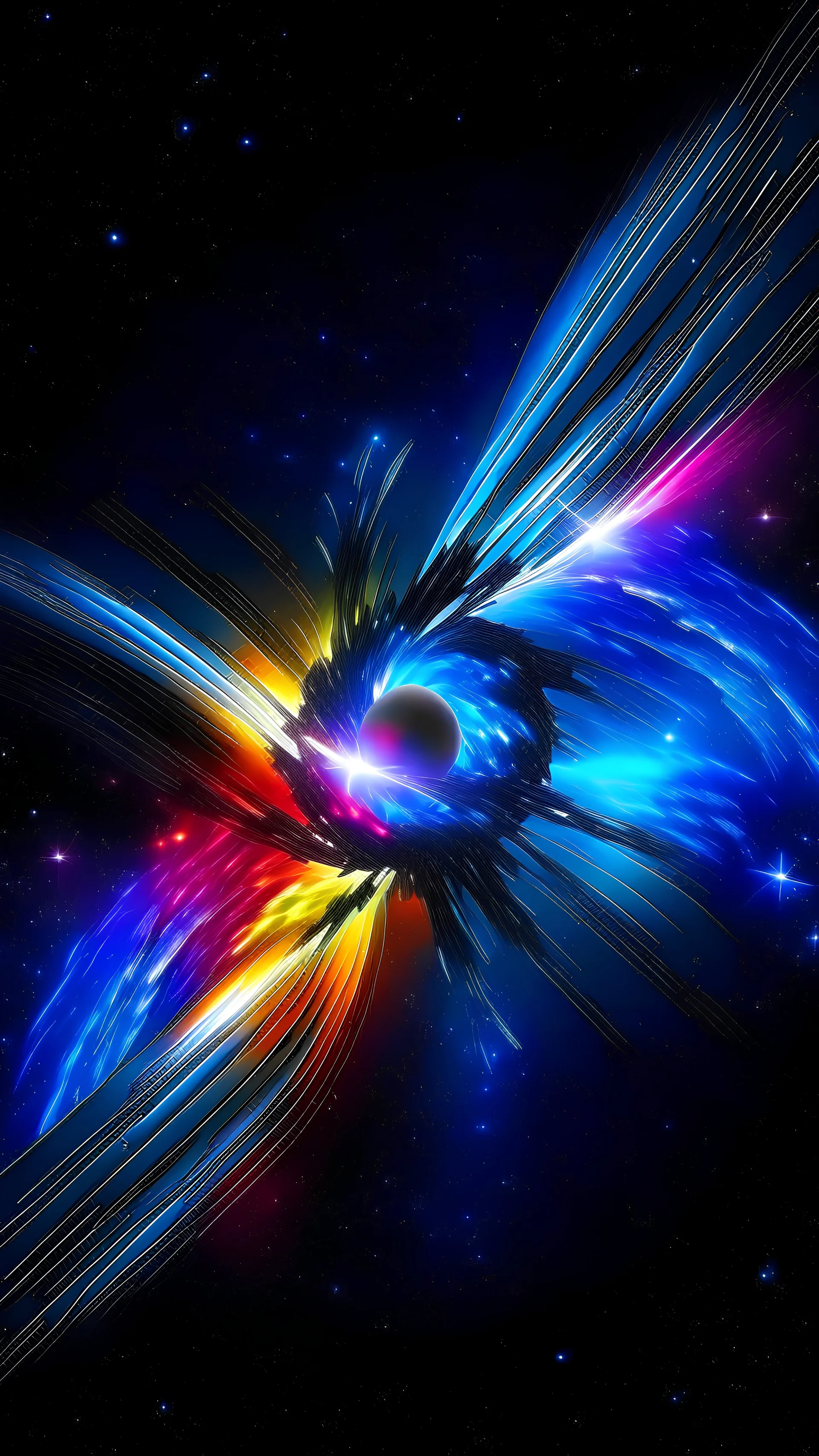 A hypernova colliding with a white dwarf star exploding into a ring of colours