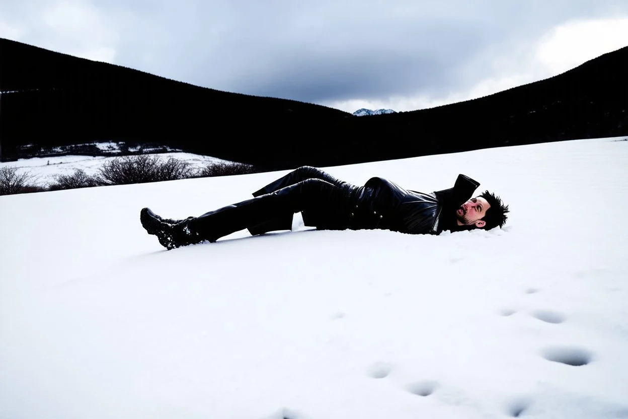 in the distance side a wiev a figure in dark clothes and long black leather coat lies on his back in the snow and looks the sky in a winter landscape, alone, white snow, high contrast, cold, winter, mountains, white, blue, gray and black colors, cinematic, atmospheric, dark, gloomy, best shot