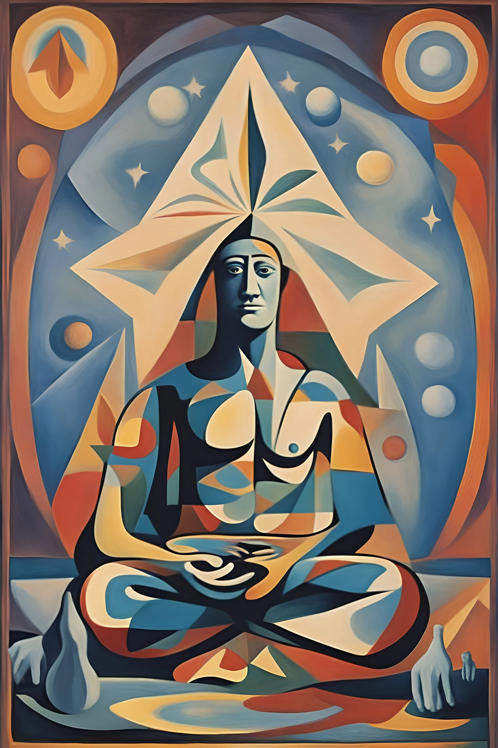 Vintage poster hippie pablo picasso meditating seeing the world inside an aboriginal psychedelic art, and the four corners of the universe, painted by rene magritte,