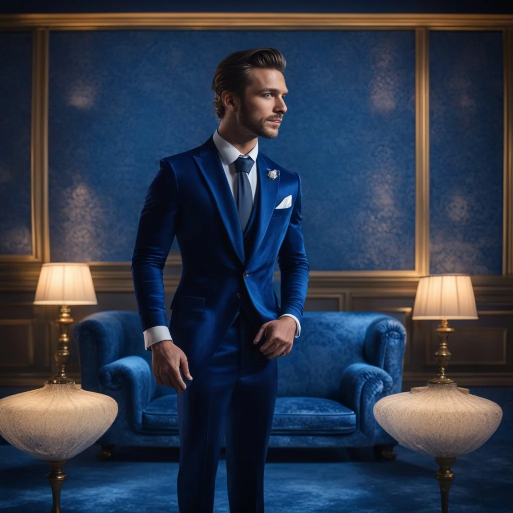 Hyper Realistic Handsome-Muscular-Man-with-little-smile Wearing Navy-Blue-Velvet-Tuxedo standing in a dark-room with blue-patterned-vintage-wall & glowing-blue-water on the floor with fancy-navy-blue-couch-&-fancy-lamps-on-wall