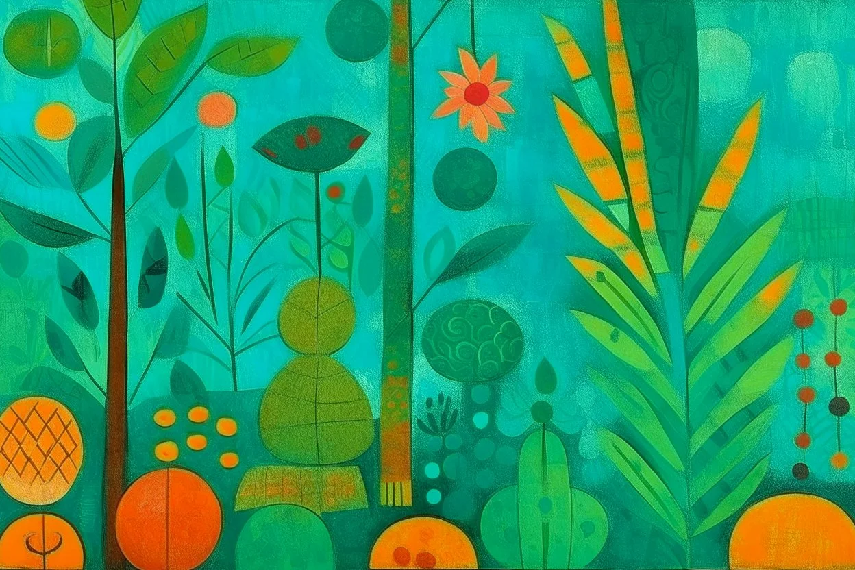 A teal jungle with fruit painted by Paul Klee