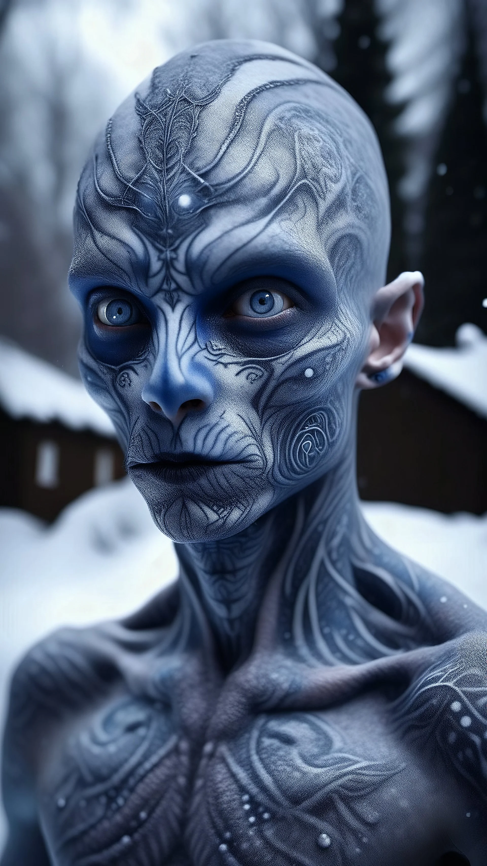 holographic simulation, beautiful xenobiotic alien man demon, scandinavian black tattoo on the body, super detailed face, blue eyes, against the backdrop of old dzherevyanny houses in the winter forest, falling snow in winter, professional photo, 4k, high resolution, high detail, close-up, octane, body art, patterns, lavender color, silver wire, artistic elven fantasy, filigree, dark botany, ultra detail, dark botany, photorealistic image