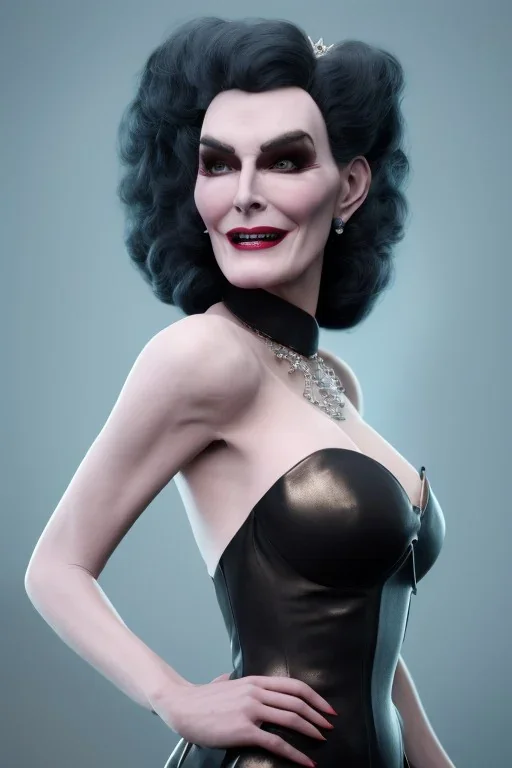 Carmen Dell`orifice as evil queen in black leather gown, angry, busty, curvey, cleavage, unreal 5, octane render,cinema4d, dynamic lighting, dramatic lighting, 4k, redshift render, highly detailed, hyper realistic