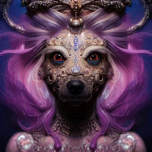 Insanely detailed photograph of an elaborate beautiful dog goddess intricate glowing skin eyes intricate face hair lashes fur dress hyperdetailed painting by Anna Dittmann Huang Guangjian and Dan Witz CGSociety ZBrush Central fantasy art album cover art 4K 64 megapixels 8K resolution HDR Greek shiny space colours jewelry celestial hair eyes light"