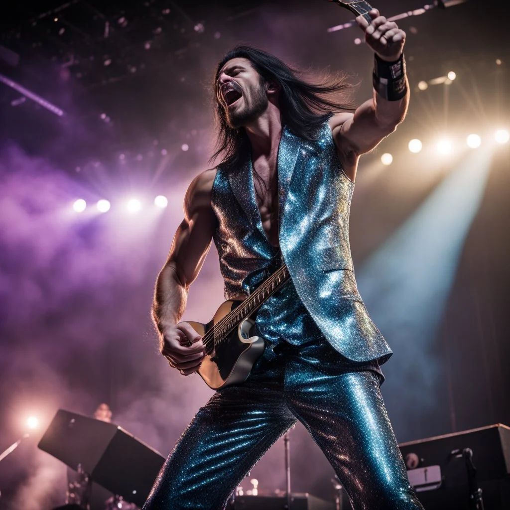 A handsome muscular 27 y/o heavy metal guitarist, with long black hair, wearing a sleeveless iridescent metallic suit, screaming on stage, playing guitar, building hair | professional concert photography, spotlight, intricately detailed, cinematic, hyperrealisti