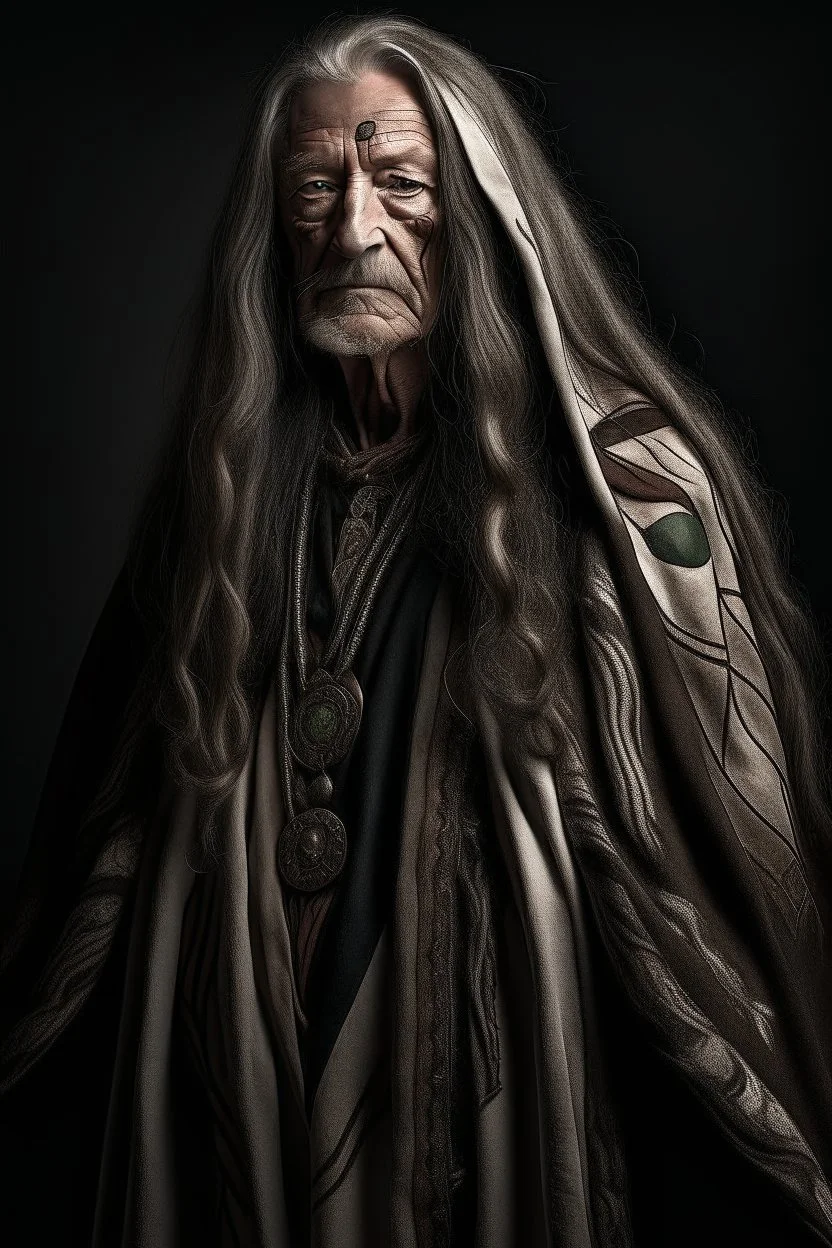 old long haired warrior with tribal tattoos and cloak