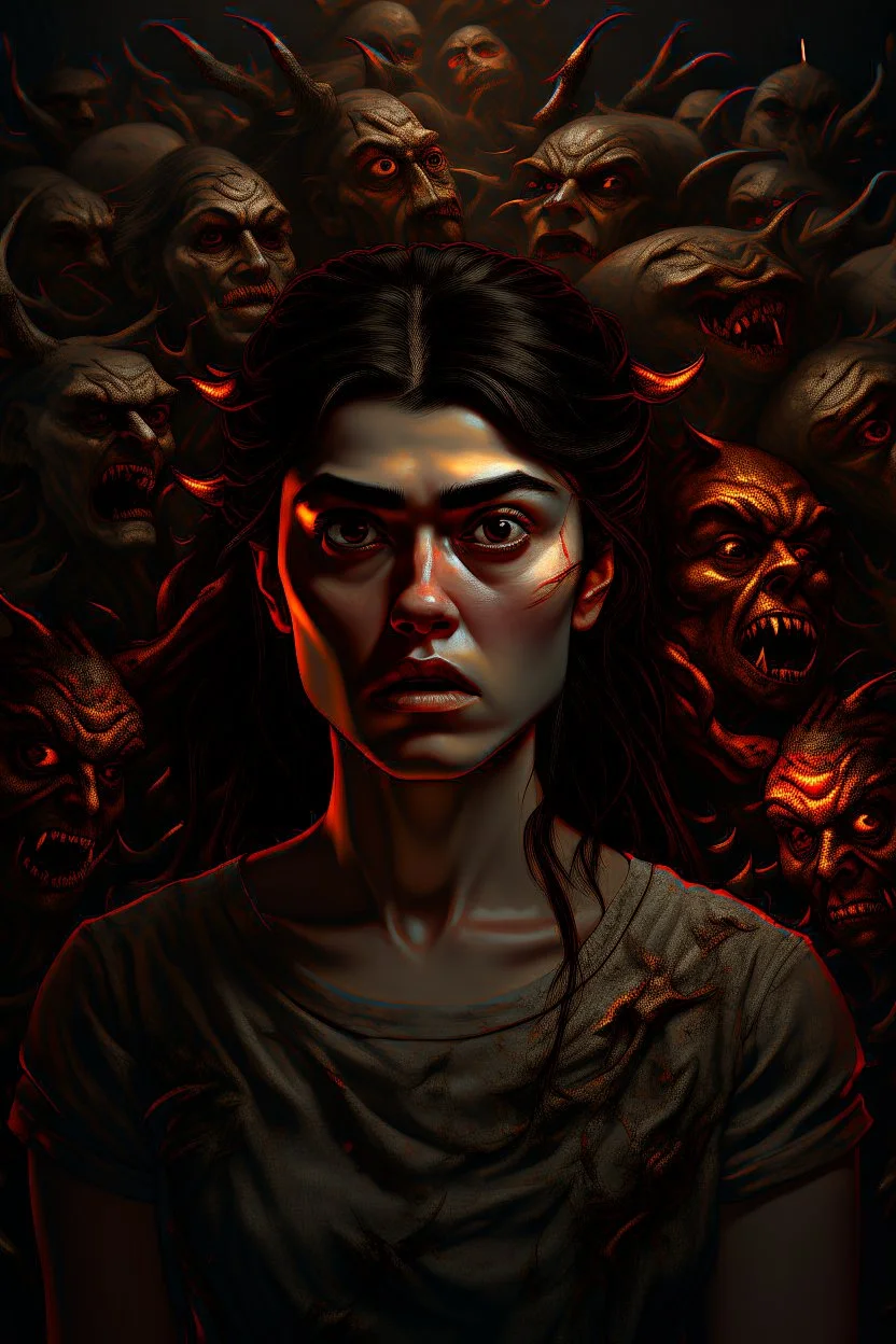 nightmares paint style Title: "a beautiful girl , surrounded by angry faces , insanely detailed octane render trending on artstation, 8k artistic photography, photorealistic concept art, soft natural volumetric cinematic perfect light, chiaroscuro, award-winning photograph, masterpiece, oil on canvas, Raphael, Caravaggio, Greg Rutkowski, people, beksinski, Giger