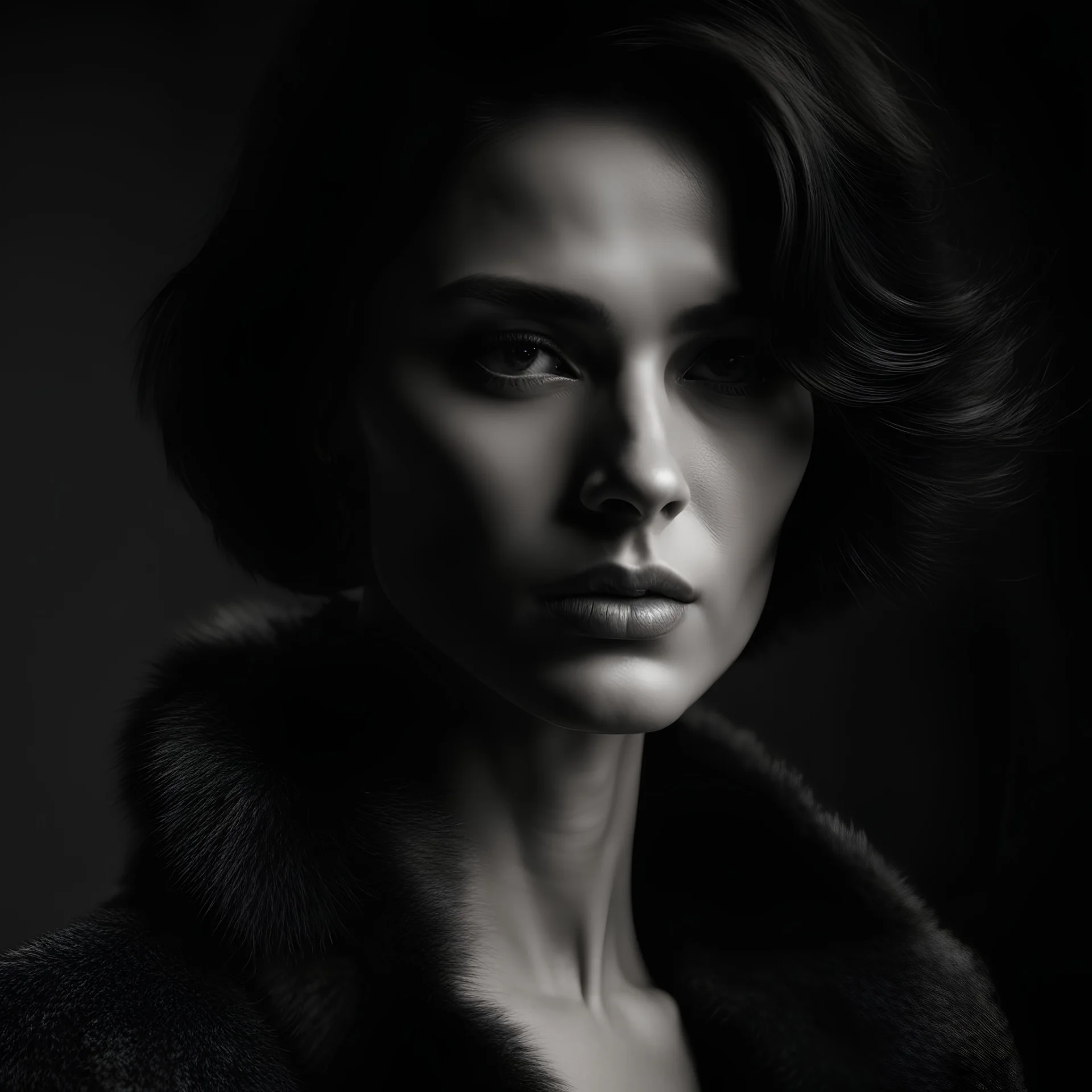 close-up portrait of a beautiful girl in a dark room, dark hair with graying, short stylish haircut, eyes reflecting the light source, natural fur collar under the neck, stylish black and white photography in the style of Peter Lindbergh