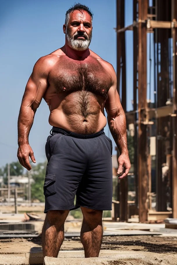 full figure shot photography of a wet sweat beefy and very virile 44-year-old burly turkish construction worker, long beard, in tank top, bulge, works hard very sweaty on a construction site in the sun, underlines the shine of the sweat in the sun's rays and the fatigue of the muscles, manly chest, , big legs, big belly , side view, photorealistic , side light